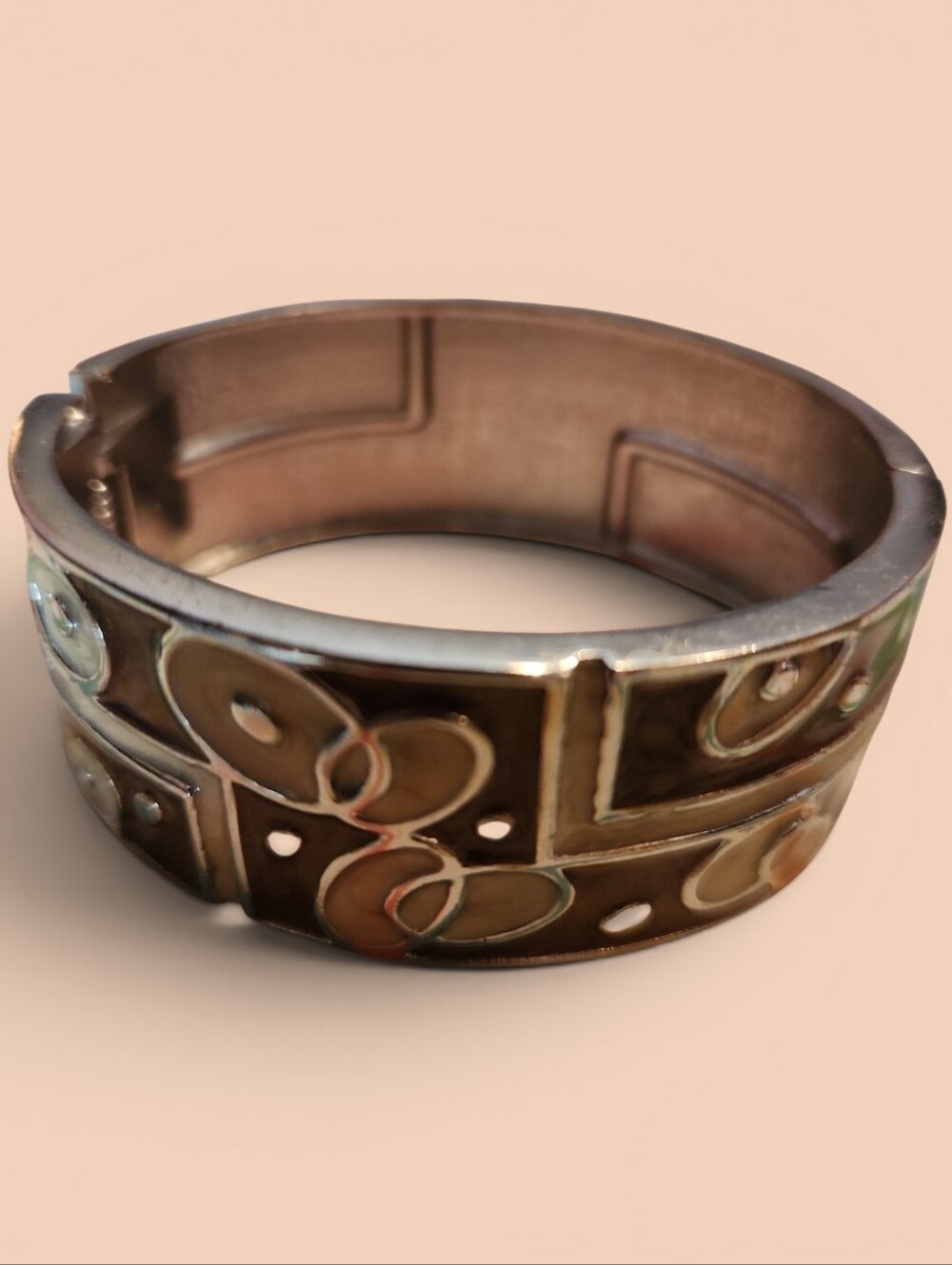Vintage Chunky Hinged Bangle Bracelet Brown Cream Inlay Geometric Art Deco Style